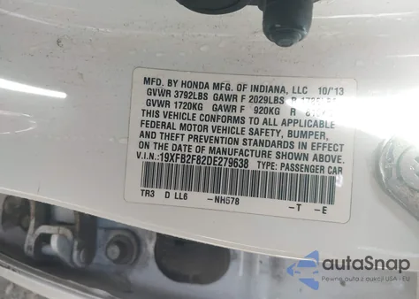 2013 Honda Civic Ex z USA, uszkodzony, nr VIN 19XFB2F82DE279638